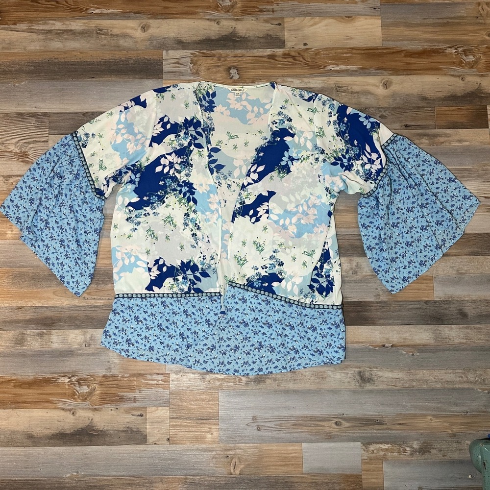 The Pioneer Woman Blue Floral Mixed Print Bell Sleeve Kimono Wrap Top SM